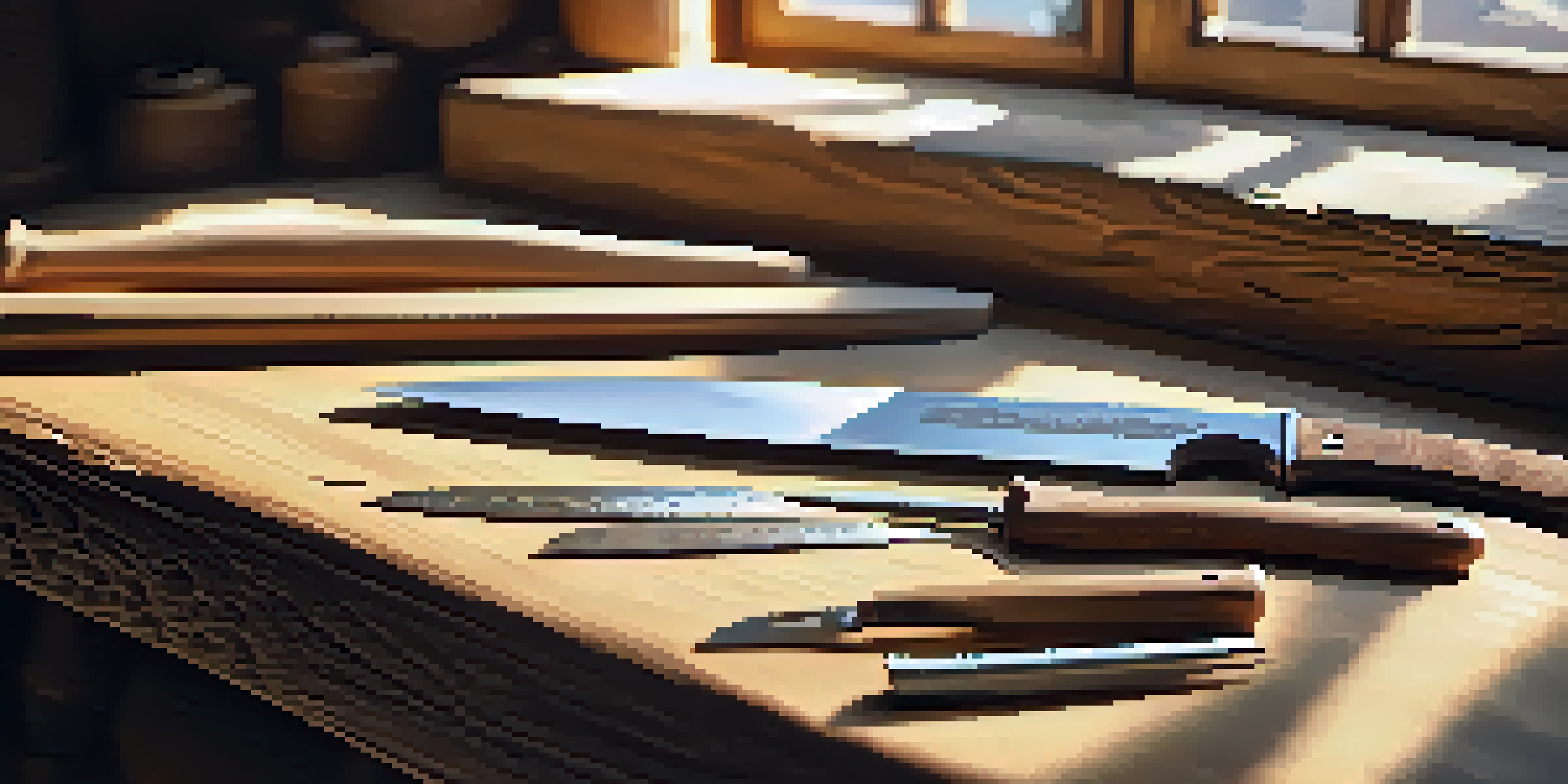A wooden carving workspace displaying various carving tools and a carving glove, lit by natural sunlight.