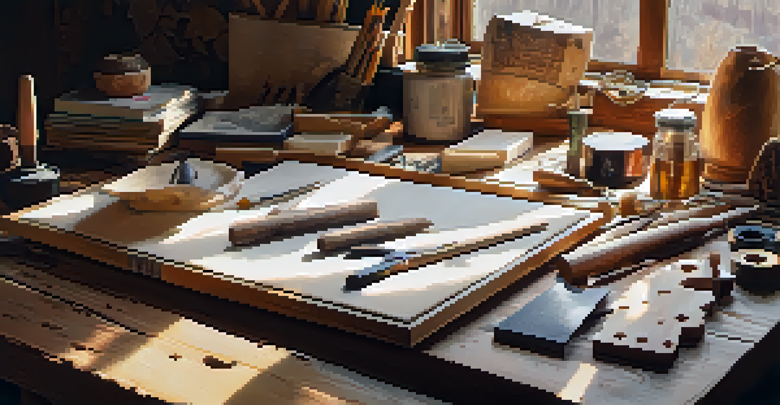 A wooden table with carving tools and partially carved wood pieces, illuminated by warm afternoon light.