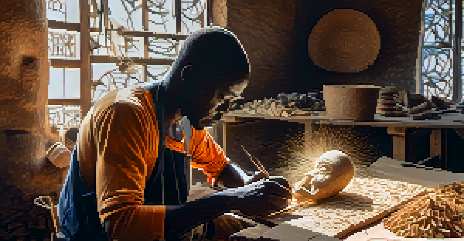 An artisan carving a wooden mask in a workshop, surrounded by tools and materials, with sunlight streaming in.