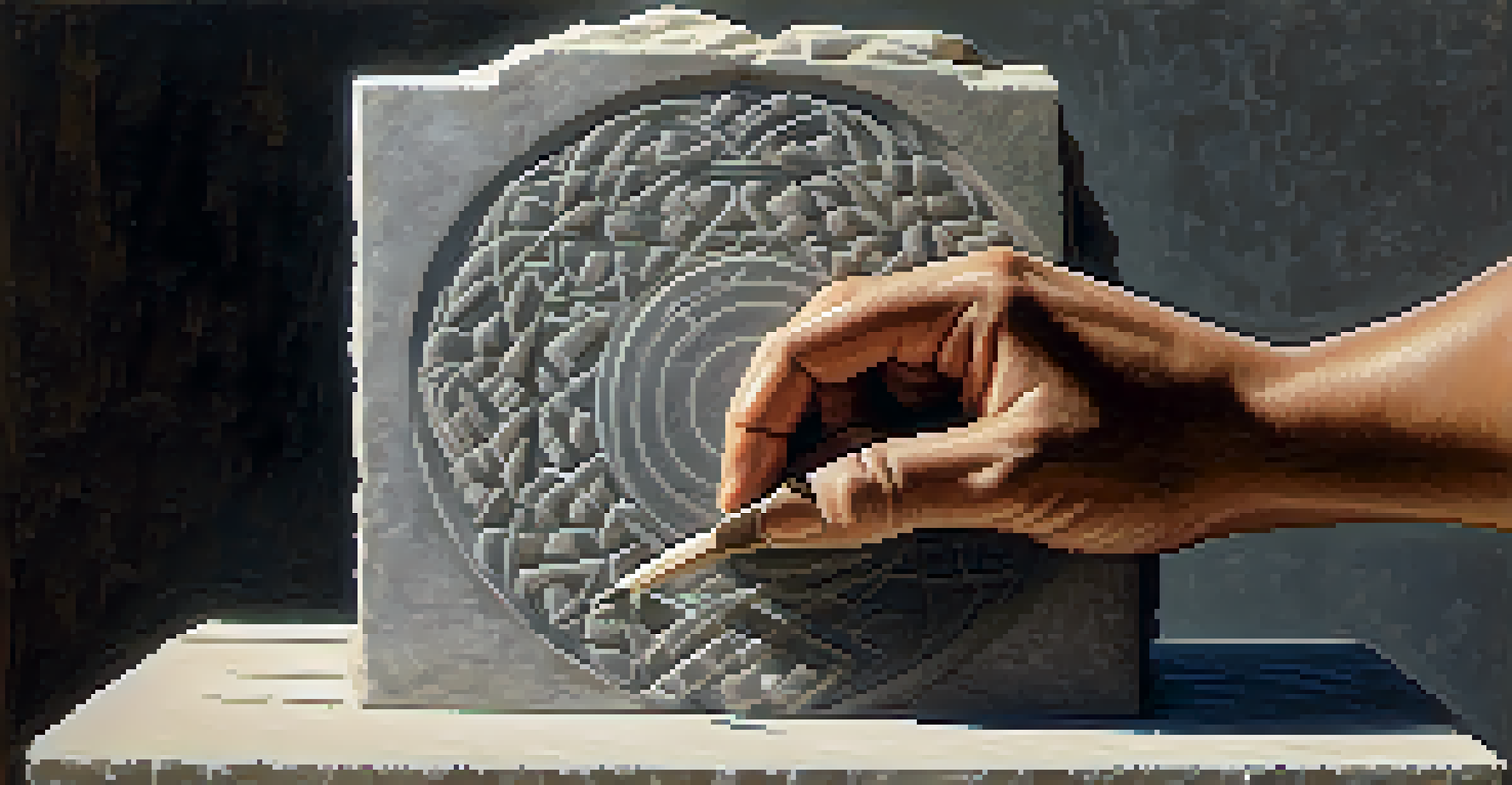 A stone carving with a proportional grid etched on it, showing an artist chiseling the stone with sunlight illuminating the scene.