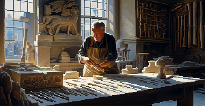 A stone carver working on a marble sculpture in a bright workshop, with tools and sunlight creating a warm atmosphere.