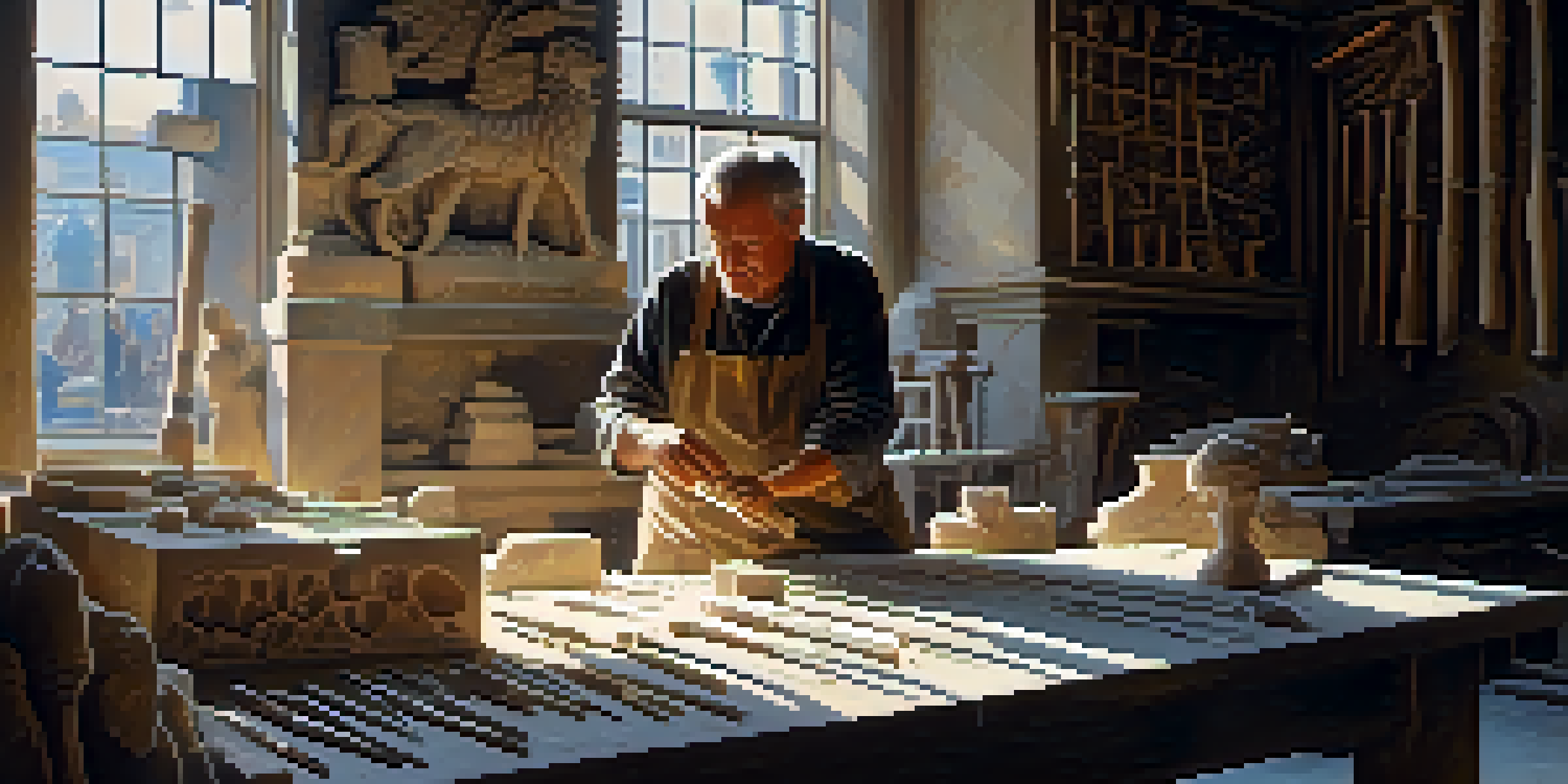 A stone carver working on a marble sculpture in a bright workshop, with tools and sunlight creating a warm atmosphere.