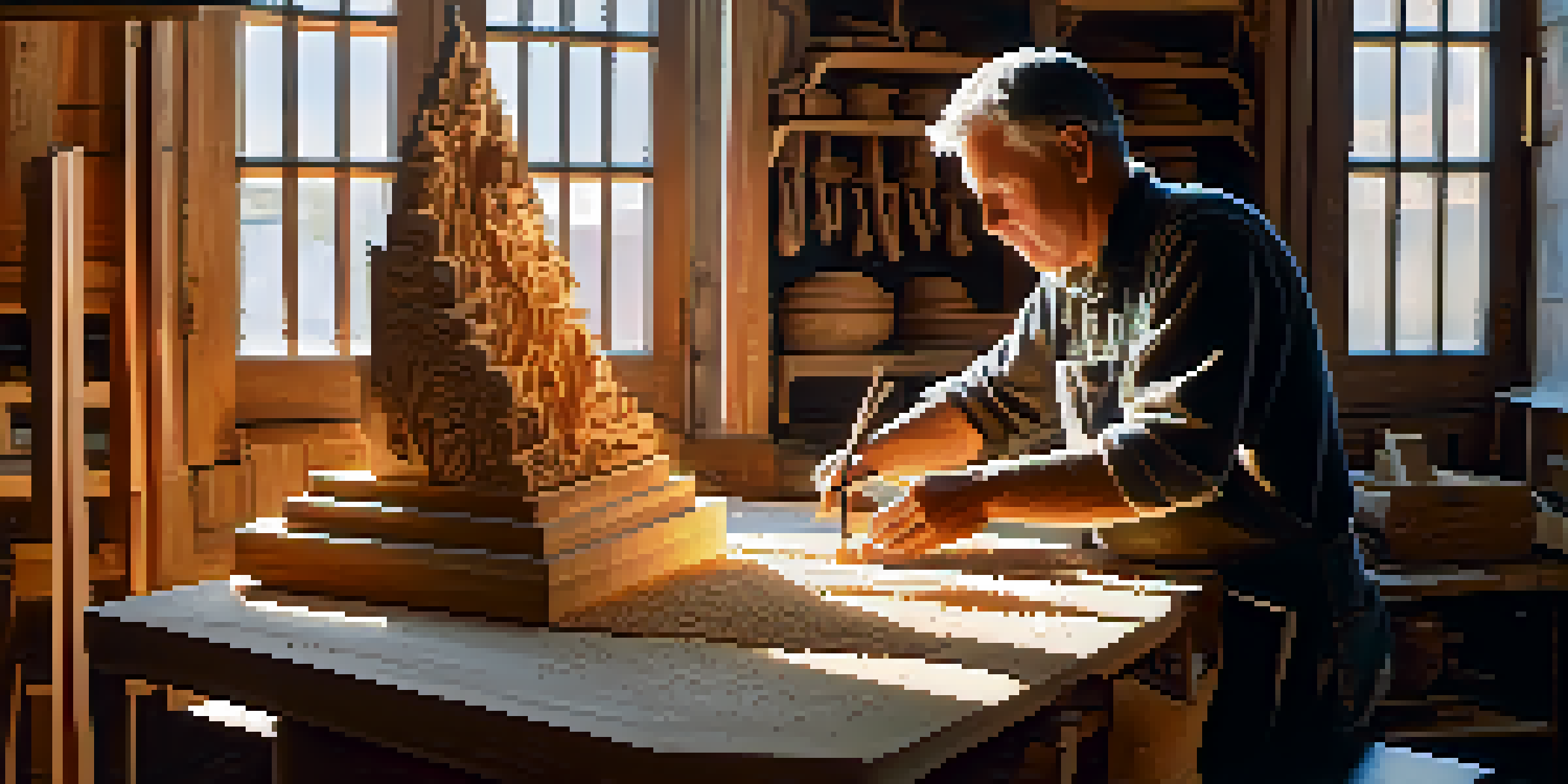 An artisan is carving a wooden sculpture in a bright workshop, showcasing intricate details and a warm atmosphere.