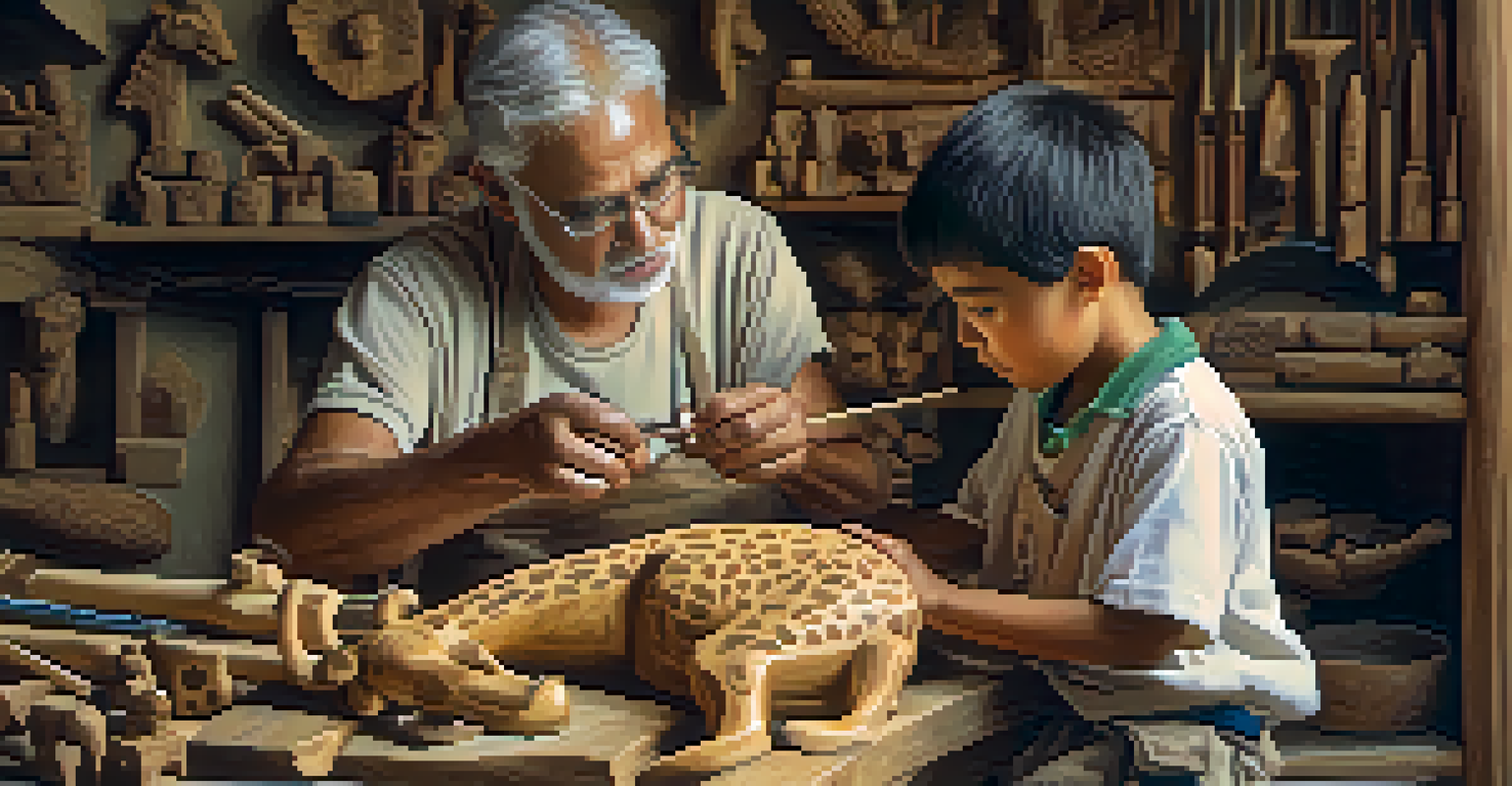 A young apprentice and an elder artisan working together on a wooden giraffe carving in a warm, softly lit workshop.