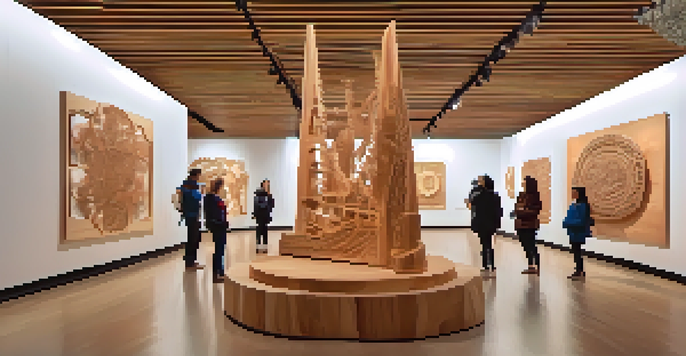 An immersive art exhibition showcasing detailed wood carvings with colorful lights and visitors engaging with the art.