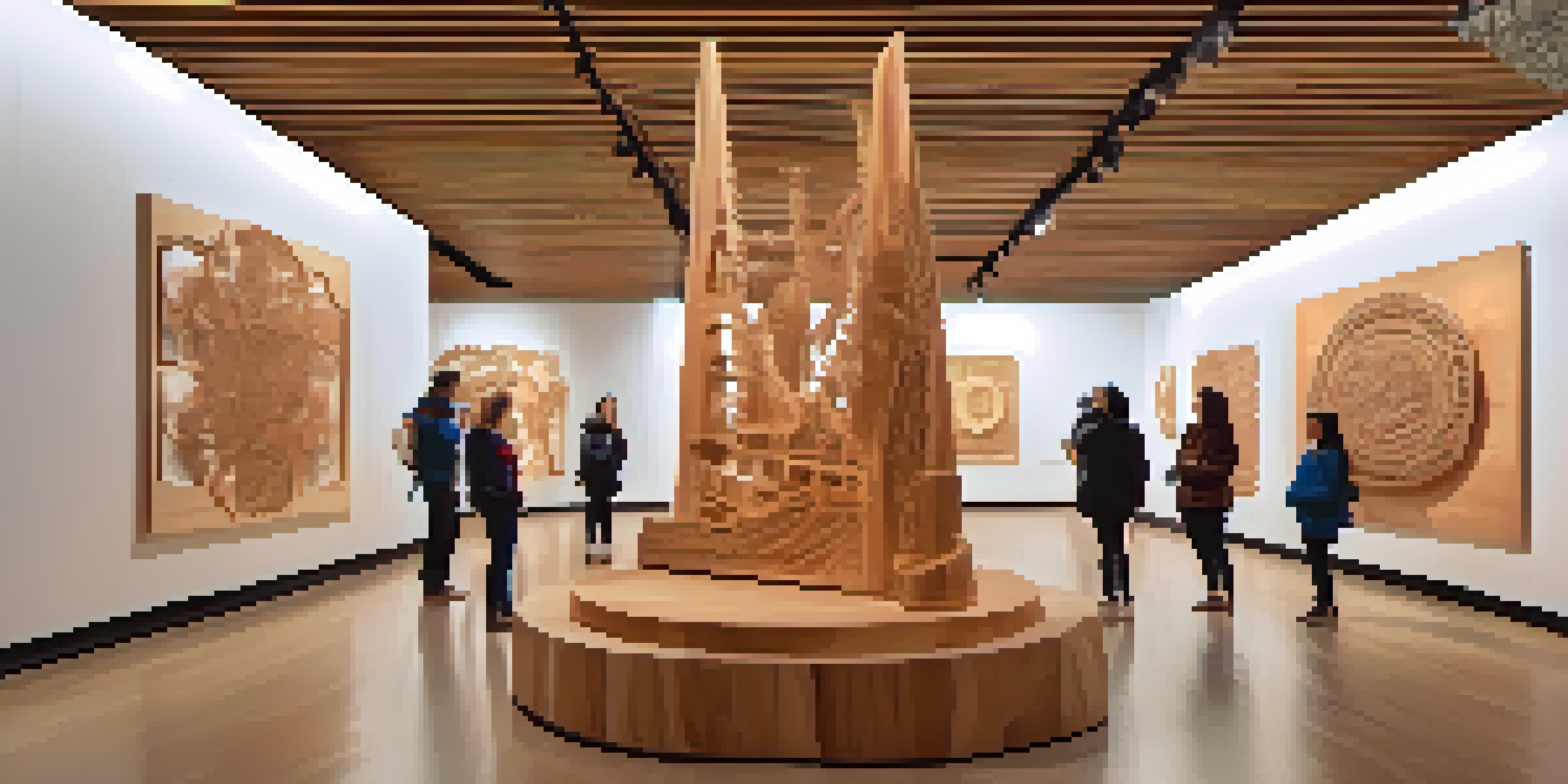 An immersive art exhibition showcasing detailed wood carvings with colorful lights and visitors engaging with the art.