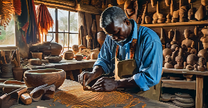 An artisan carving a wooden mask in a workshop, surrounded by tools and wood shavings.