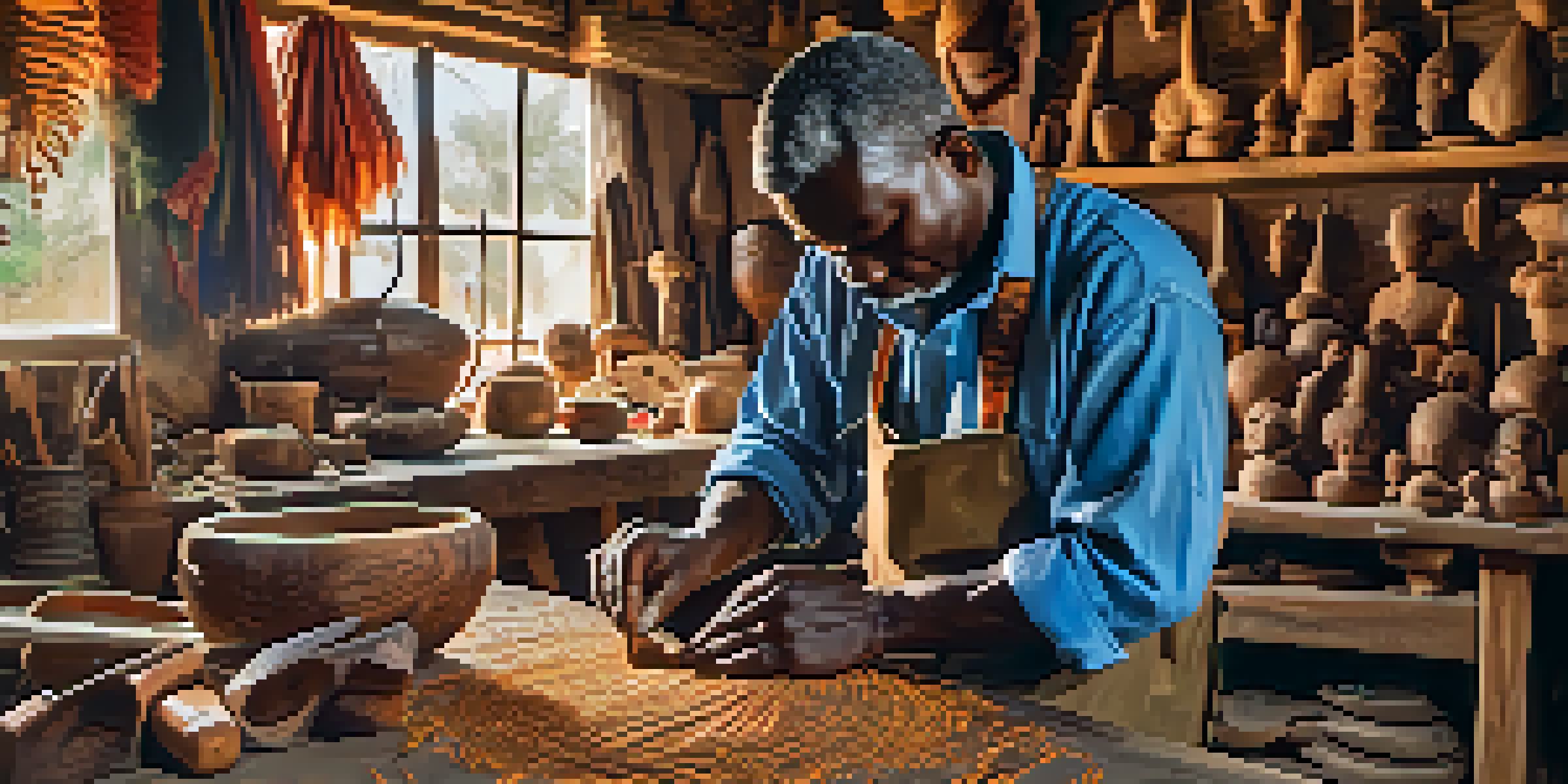An artisan carving a wooden mask in a workshop, surrounded by tools and wood shavings.