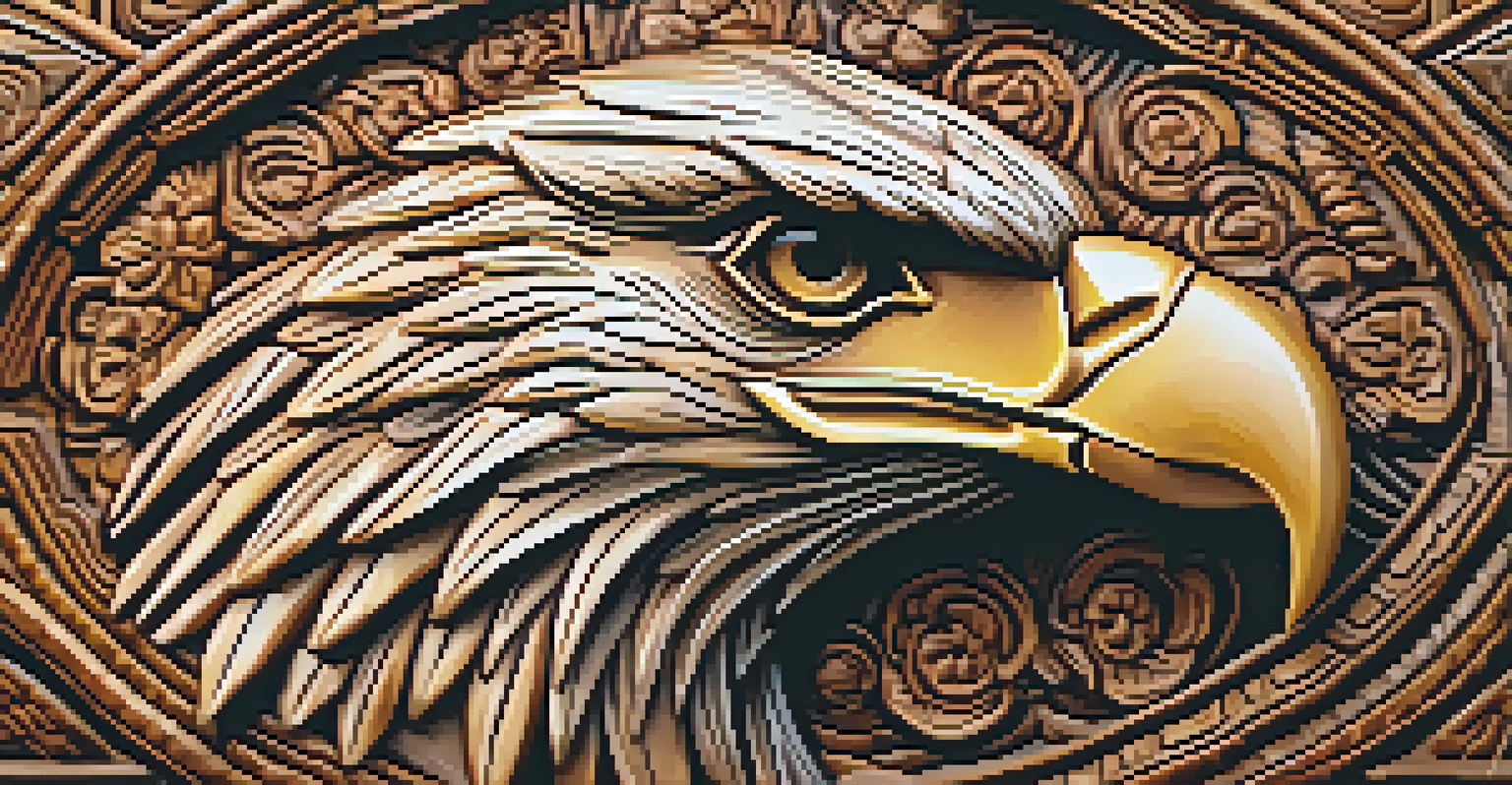A detailed close-up of a wooden eagle carving, emphasizing intricate textures and warm colors.