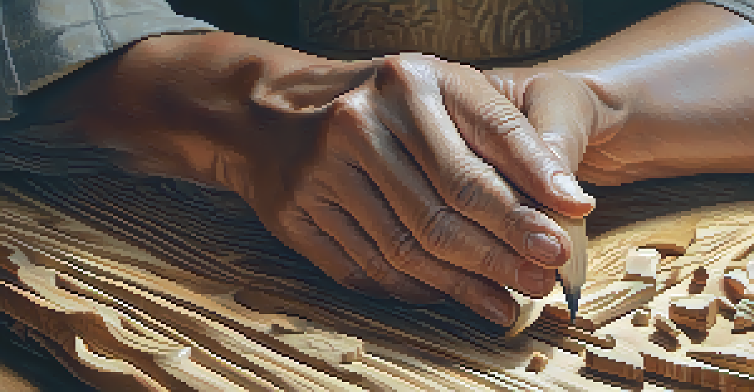 Close-up of hands carving wood with detailed tools, showcasing the texture of the wood grain and shavings in a softly blurred background.
