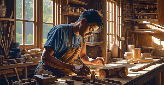 A woodcarver at work in a cozy workshop with wooden carvings and warm light.