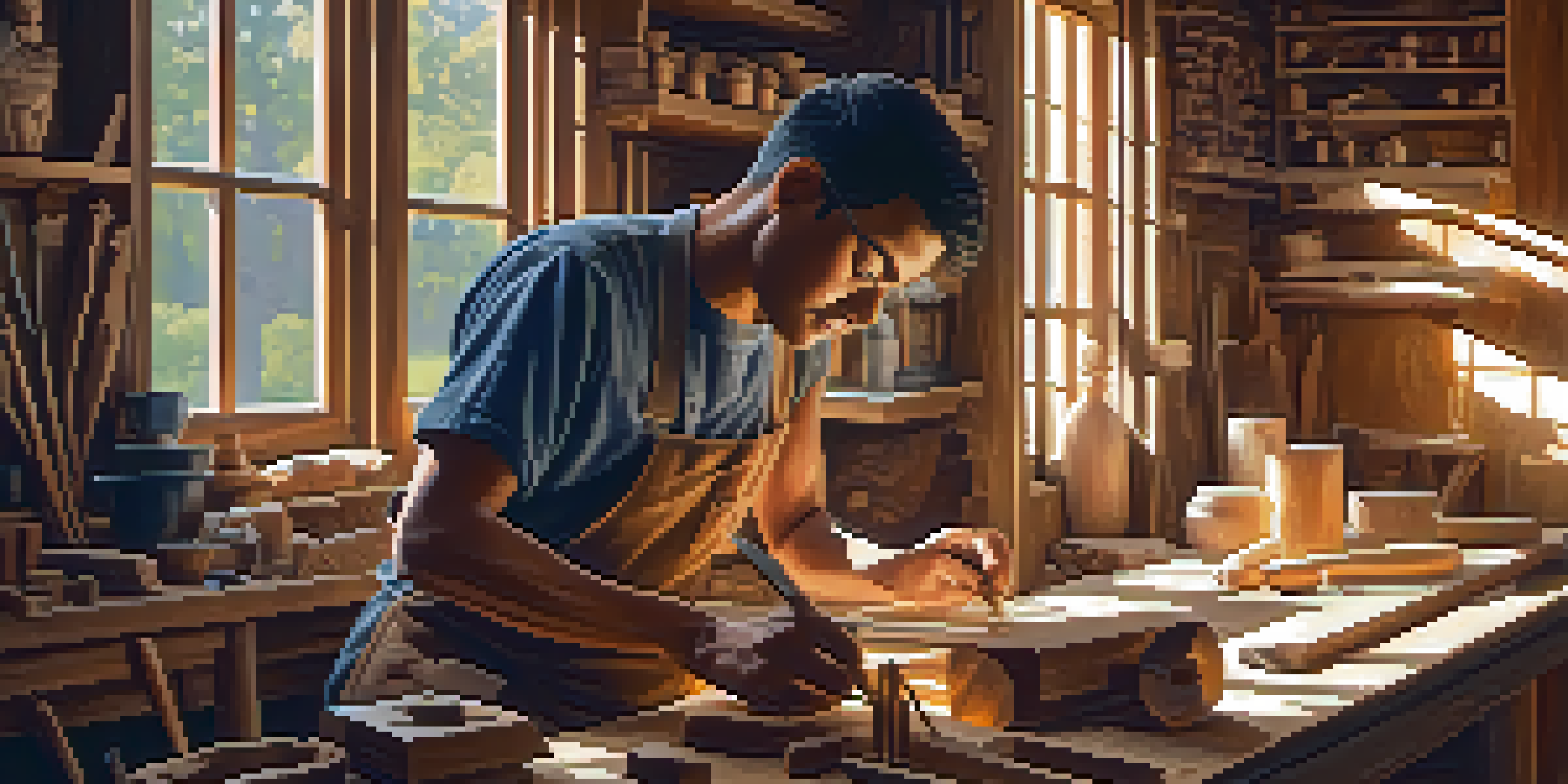 A woodcarver at work in a cozy workshop with wooden carvings and warm light.