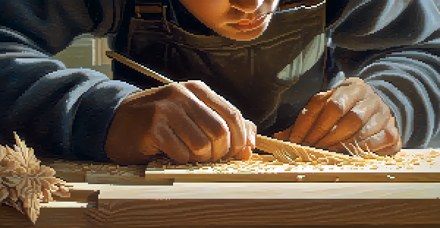 A close-up of hands carving wood, showcasing concentration and creativity in a warm, inviting environment.