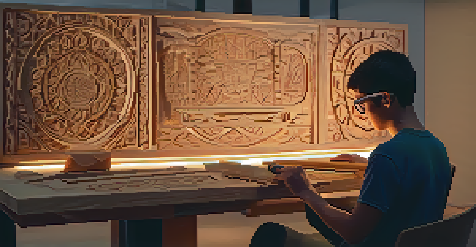 A student practicing advanced carving techniques in a virtual reality environment, surrounded by floating carving designs.