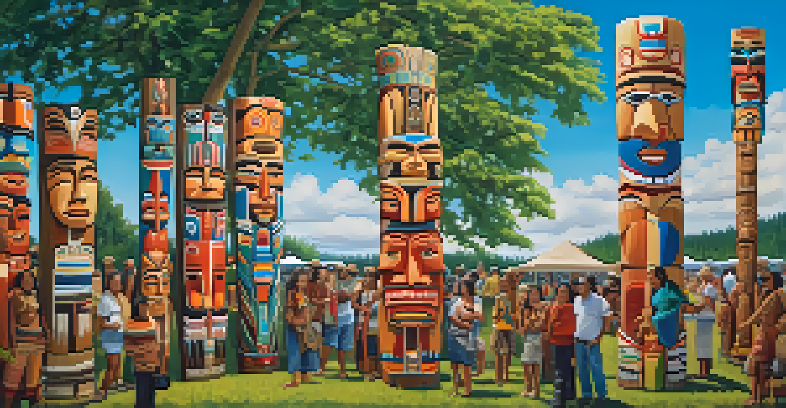 A lively outdoor carving event with Indigenous artists working together on totem poles, surrounded by greenery and colorful cultural banners.