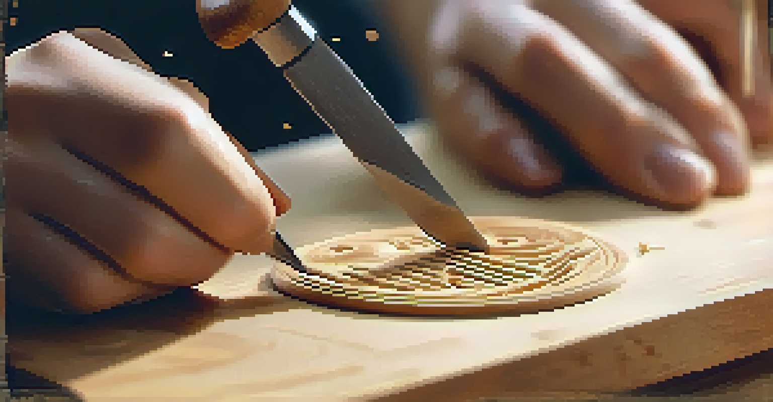 Close-up of hands carving a wooden keychain with a carving knife, highlighting the detail of the wood and tools in the background.