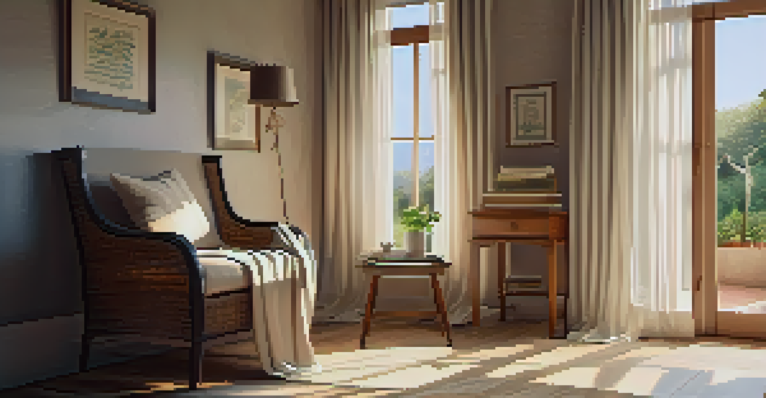 A reading nook with a carved wooden chair, side table, and soft sunlight filtering through curtains.