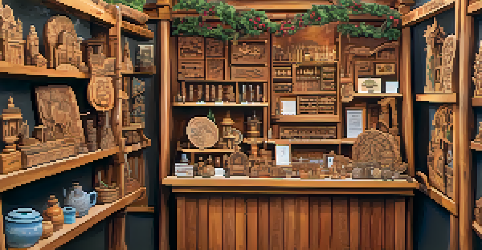 A craft fair booth displaying an array of wooden carvings, decorated with handmade signs and bright colors, inviting visitors to explore.