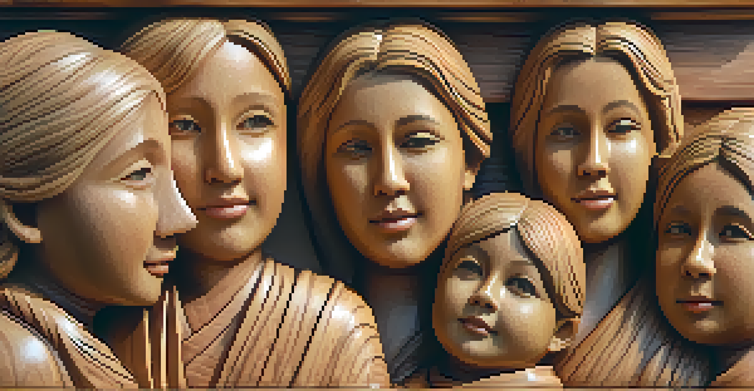 A close-up of a carved wooden family sculpture, highlighting the details and textures of the figures in an embrace.