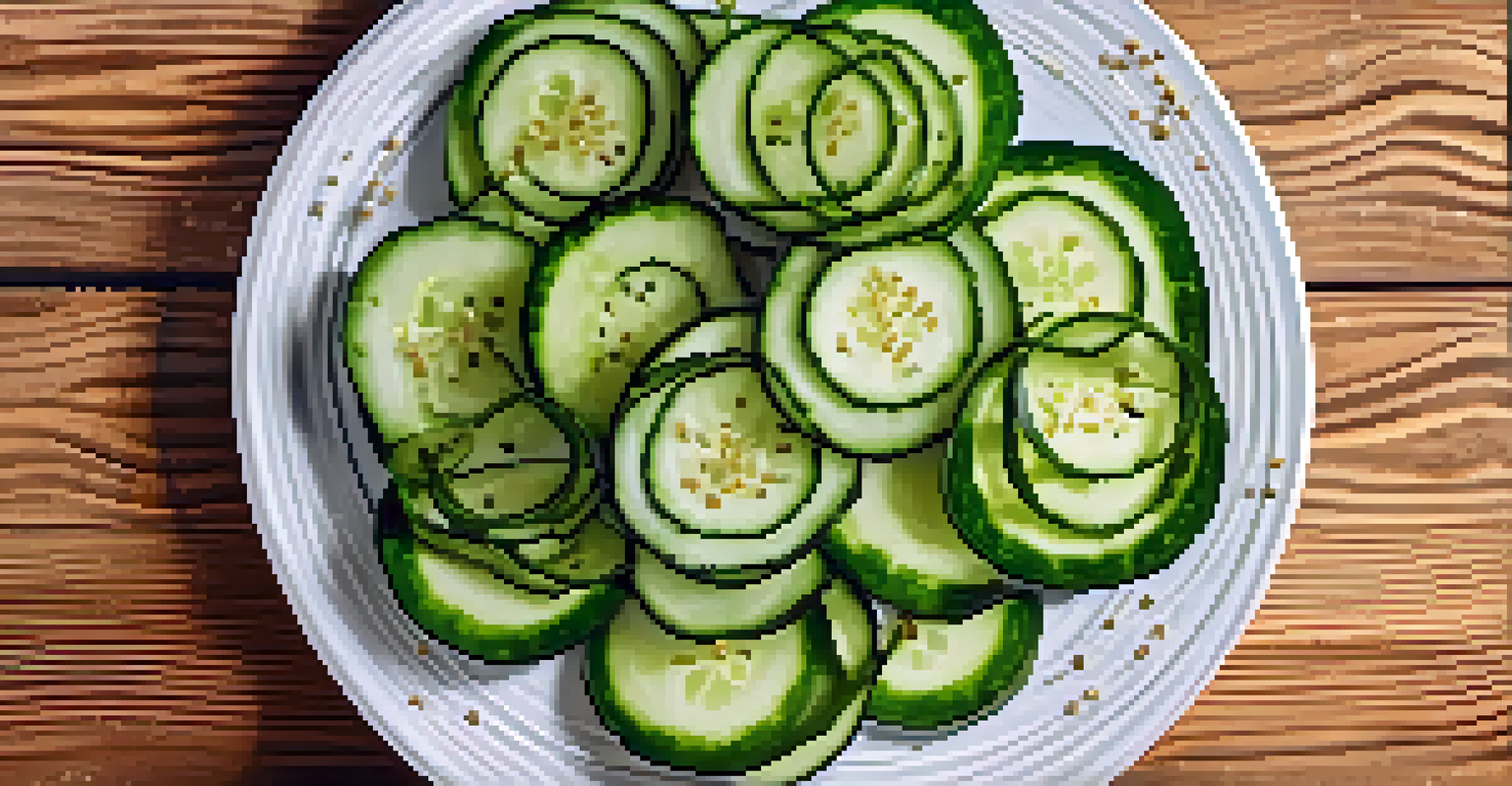 A plate featuring spiral-arranged cucumber slices, garnished with herbs and sesame seeds, placed on a rustic wooden table.