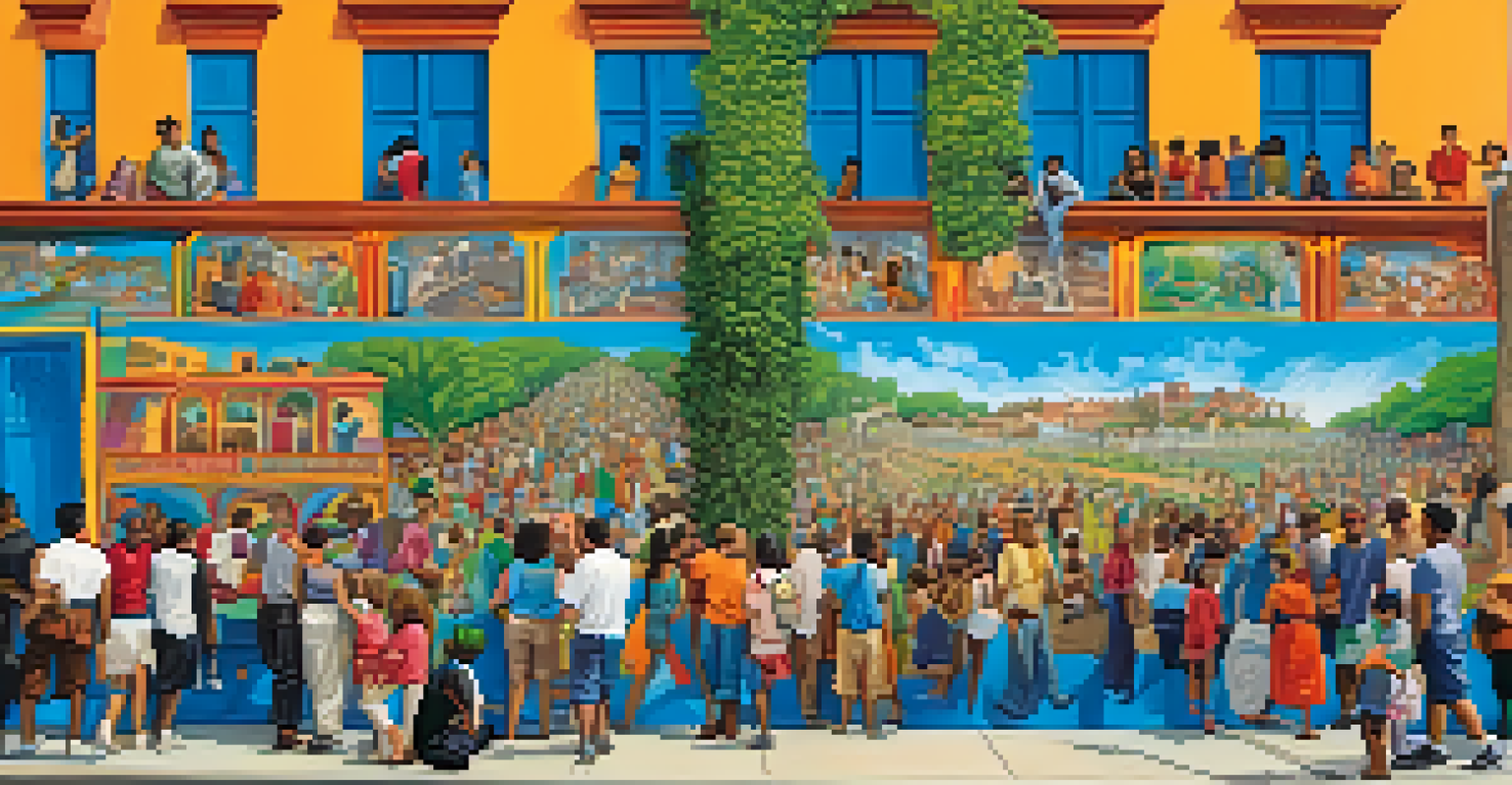 A community mural being carved, showing diverse individuals working together on a historical scene surrounded by nature.