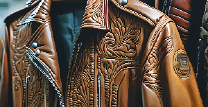 A detailed view of a carved leather jacket, highlighting intricate designs and textures with warm lighting.