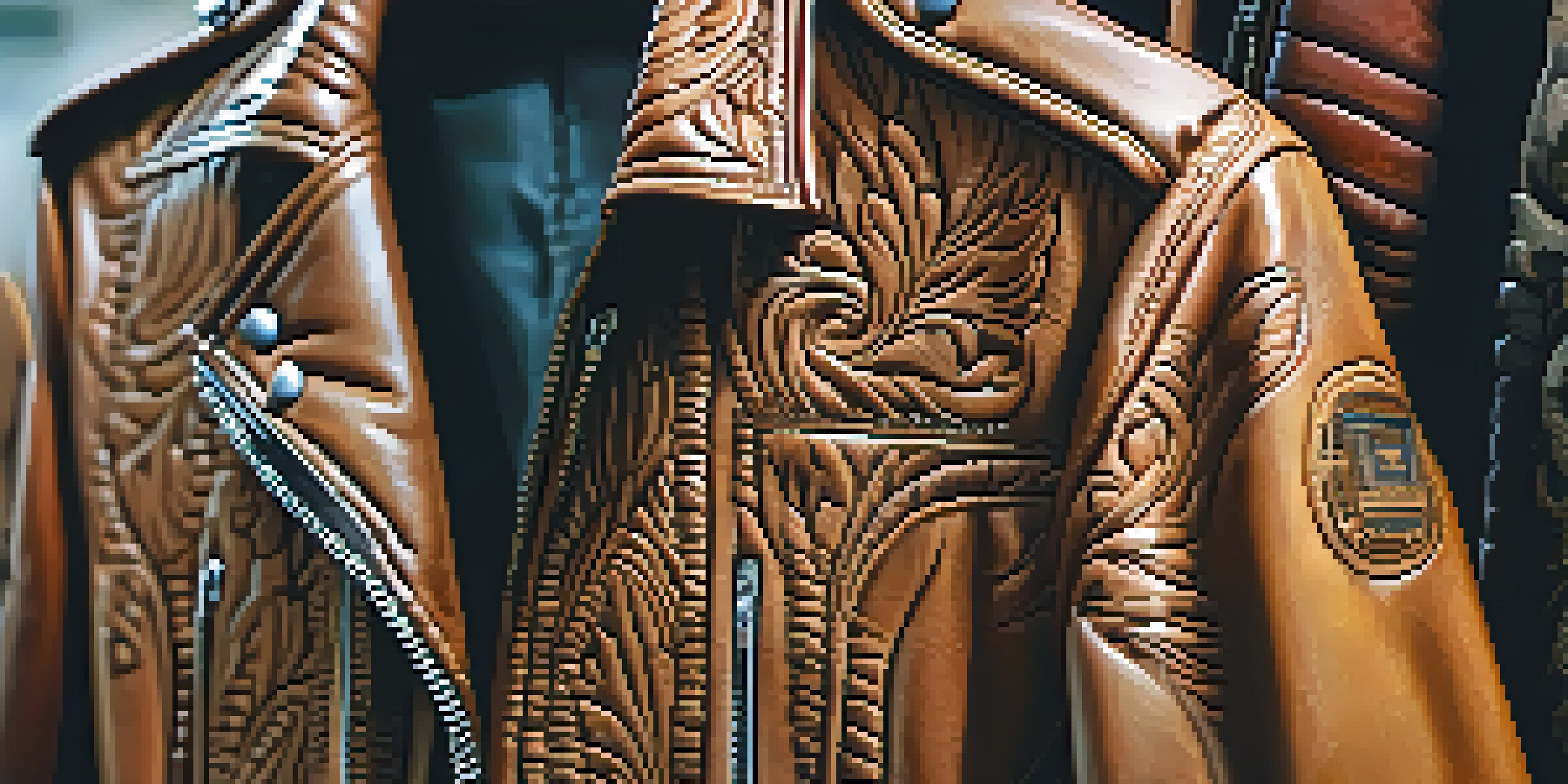 A detailed view of a carved leather jacket, highlighting intricate designs and textures with warm lighting.