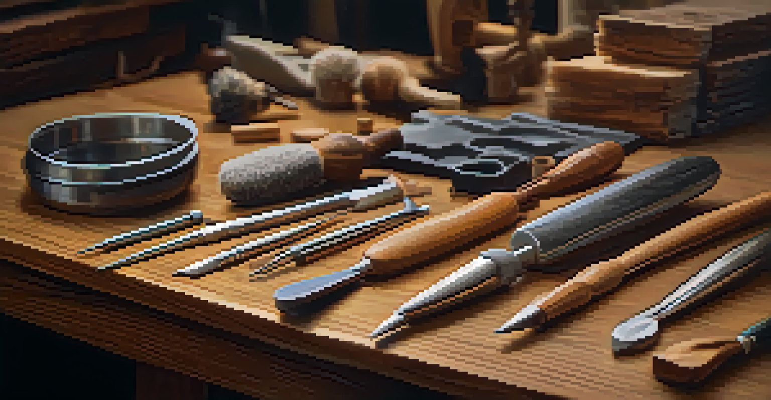 An arrangement of polished carving tools on a wooden table, reflecting light, symbolizing creativity and mindfulness.
