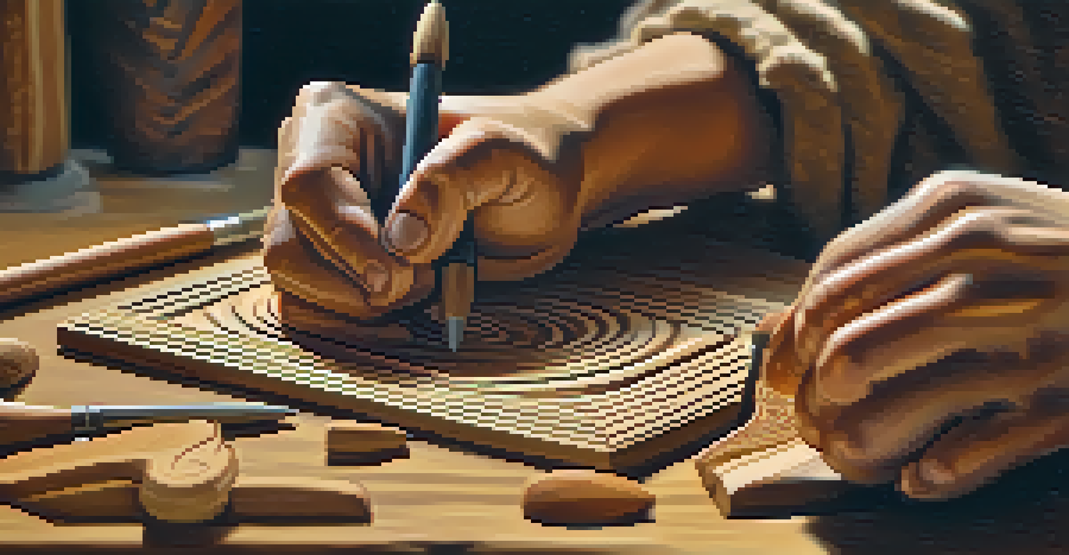 Close-up of hands carving a wooden figure, showcasing the carving tool and the texture of the wood, with a blurred background.