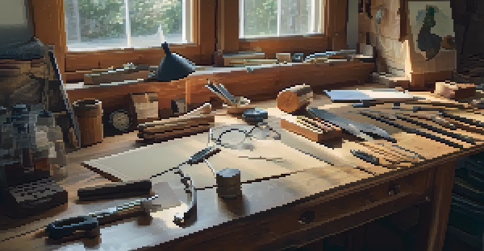 A bright and organized carving workspace with tools, safety gear, and a first aid kit, showcasing the importance of safety in carving.