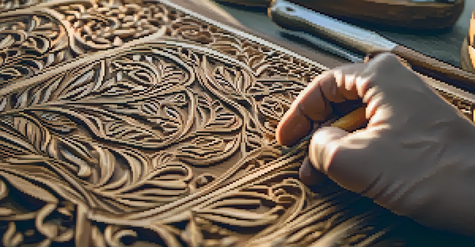 A close-up of an artisan carving patterns into wood with tools, highlighting the wood's texture and the artisan's concentration in a well-lit workshop.