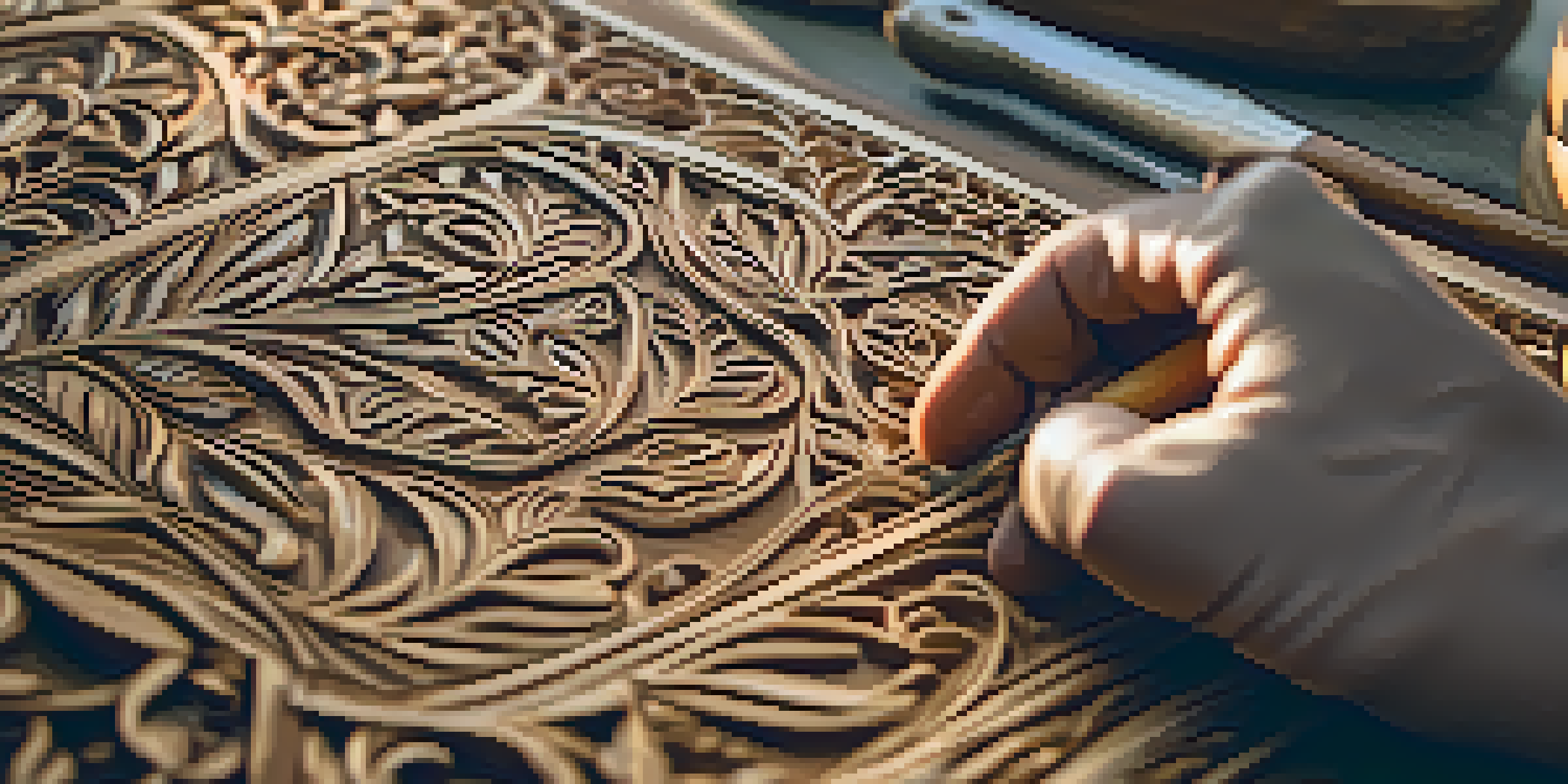 A close-up of an artisan carving patterns into wood with tools, highlighting the wood's texture and the artisan's concentration in a well-lit workshop.