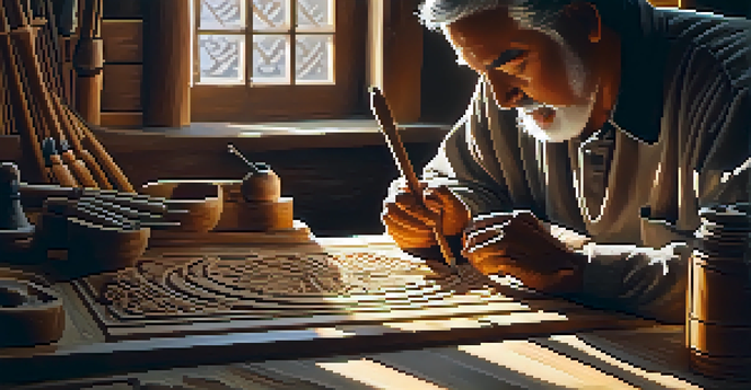 An artisan carving religious symbols into wood, surrounded by tools and warm sunlight illuminating the workspace.