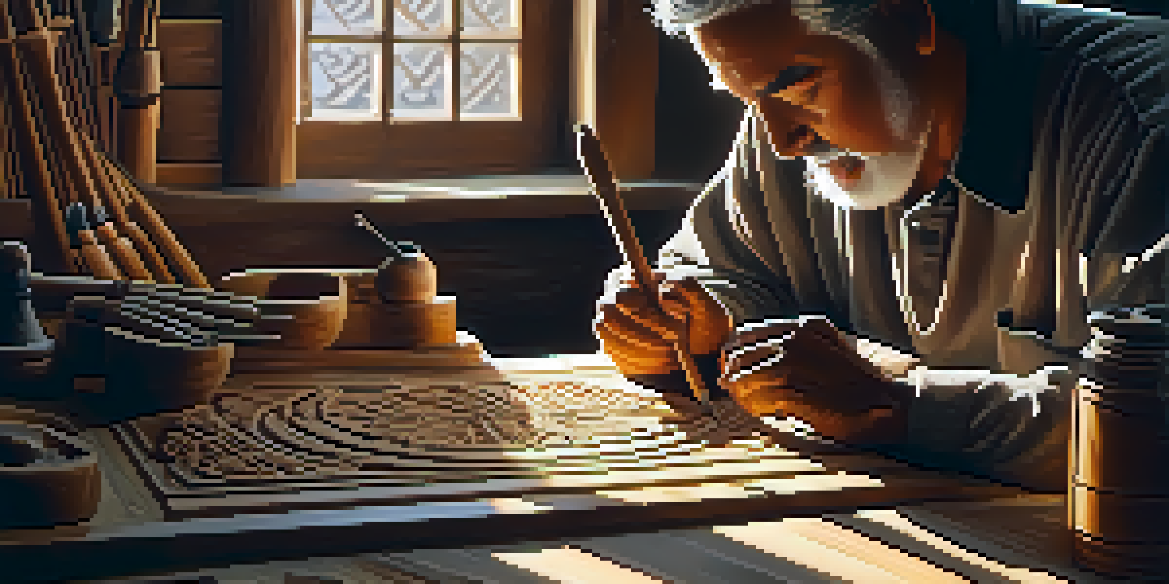 An artisan carving religious symbols into wood, surrounded by tools and warm sunlight illuminating the workspace.