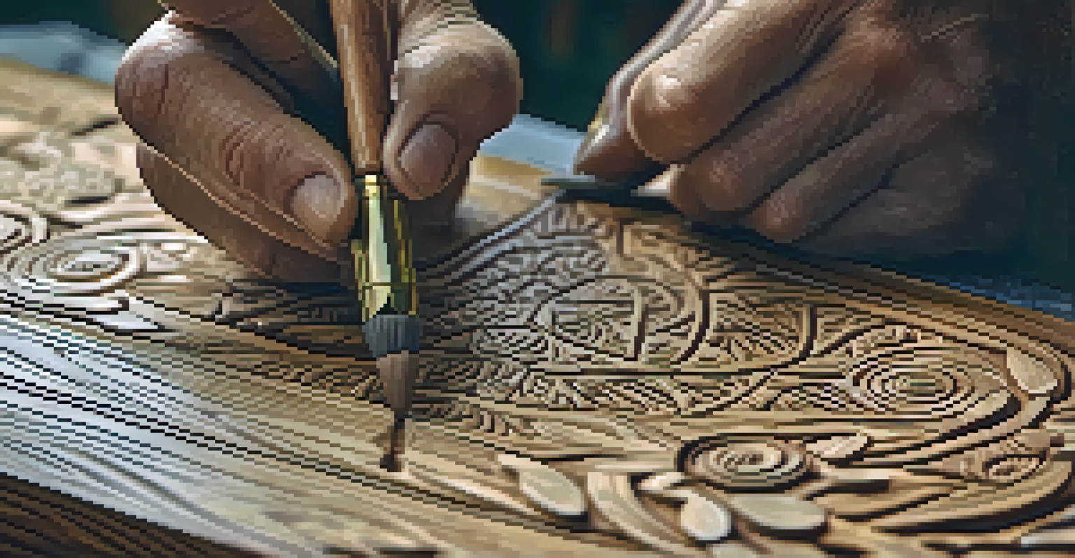 Close-up of hands carving intricate patterns into wood, showcasing the texture and craftsmanship.