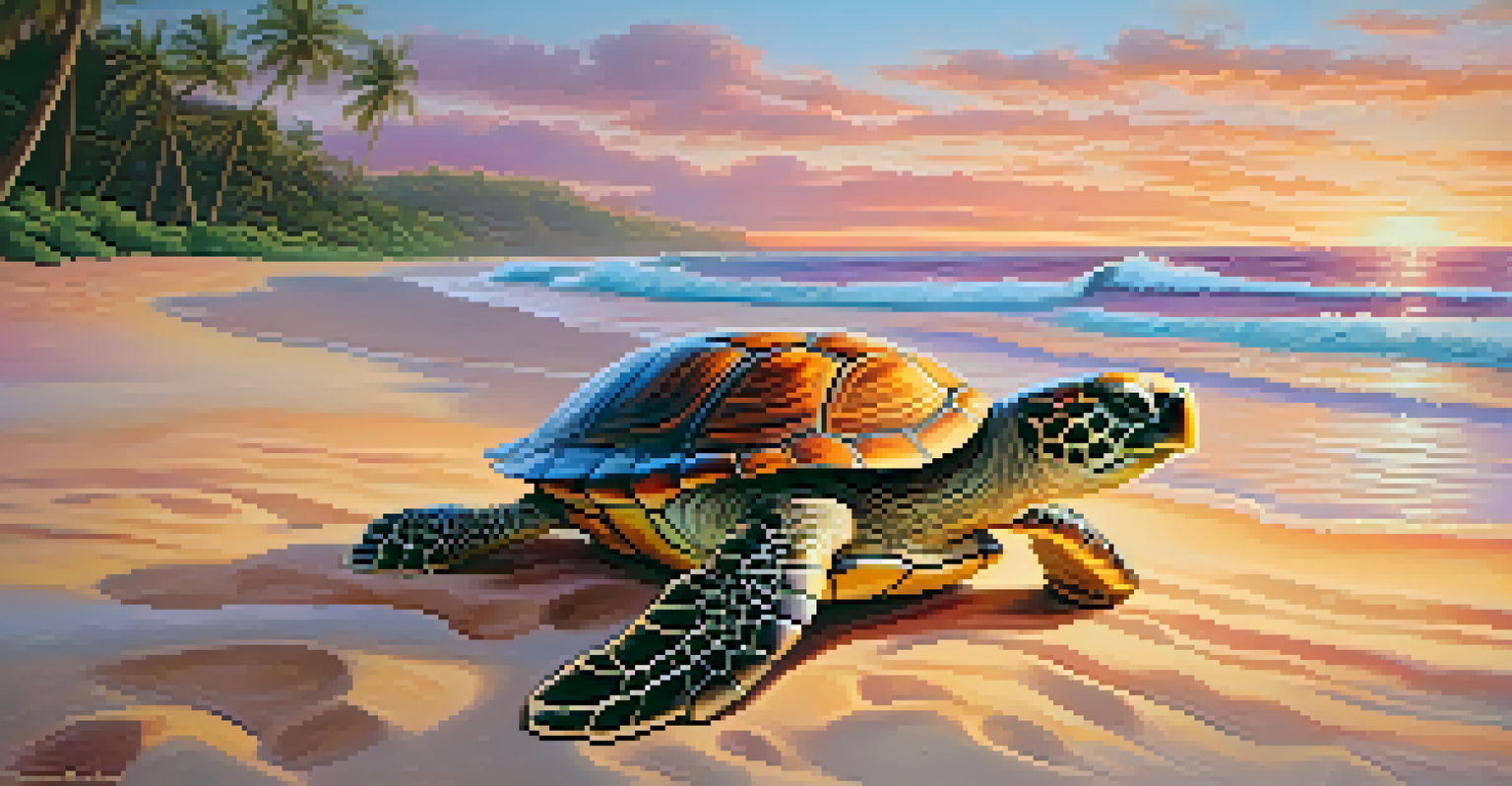 A Polynesian turtle carving on the beach at sunset, with gentle waves and a colorful sky creating a peaceful scene.