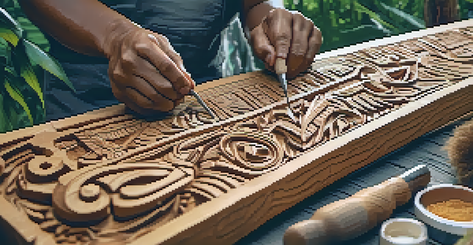 An indigenous artisan carving patterns into a wooden totem pole in a sunny outdoor workshop, surrounded by greenery.