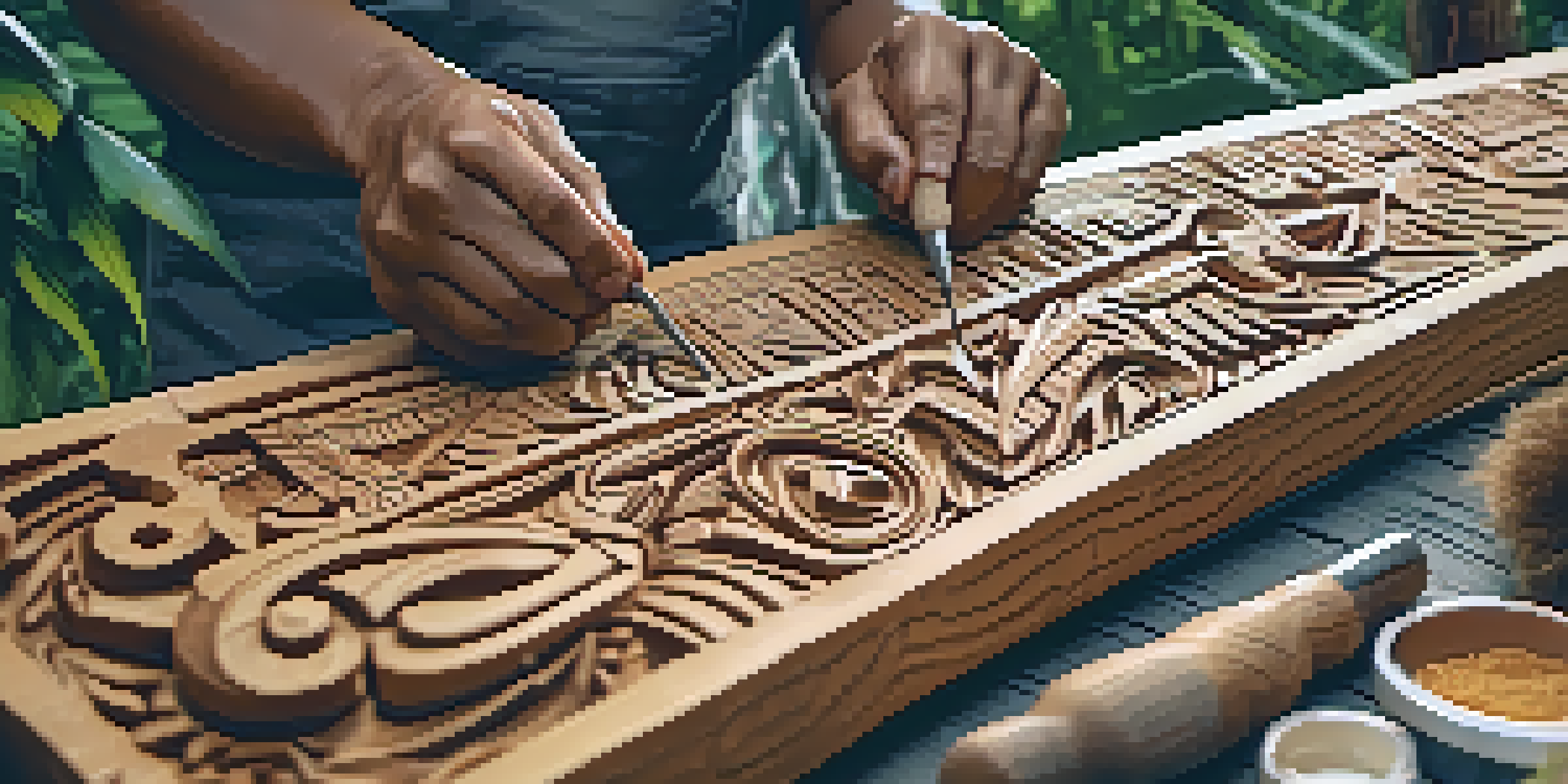An indigenous artisan carving patterns into a wooden totem pole in a sunny outdoor workshop, surrounded by greenery.
