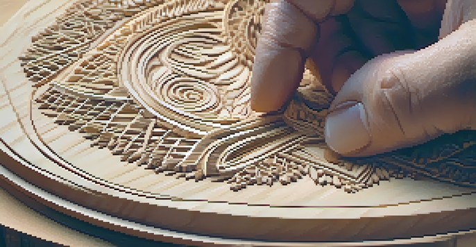 An artisan carving intricate designs into a piece of wood, showcasing skillful hands at work with wood shavings around.