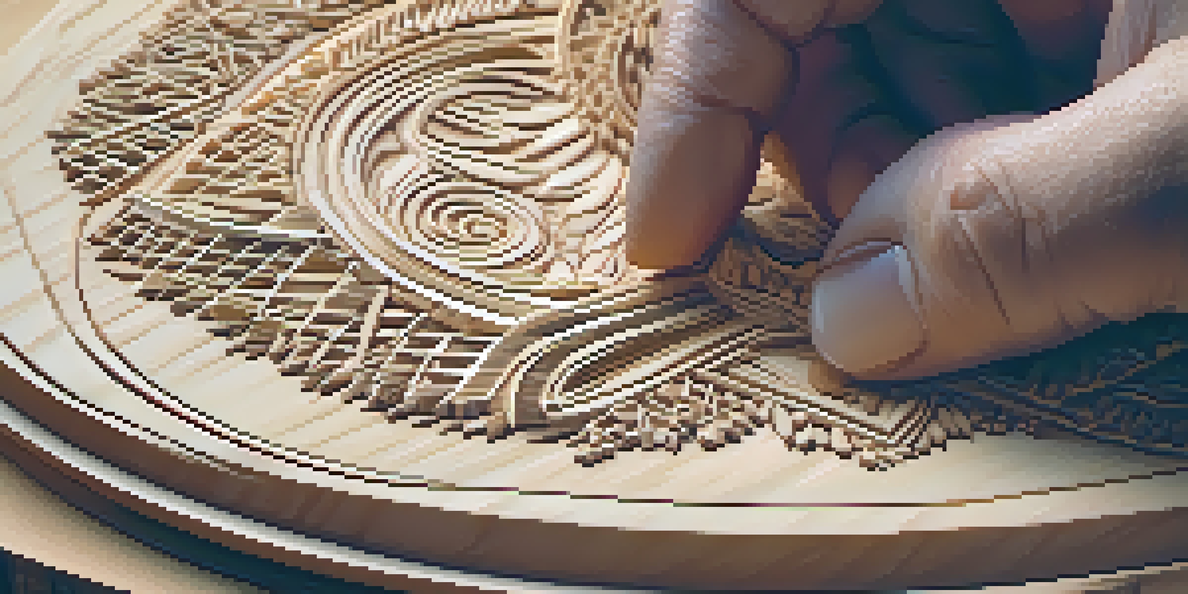 An artisan carving intricate designs into a piece of wood, showcasing skillful hands at work with wood shavings around.