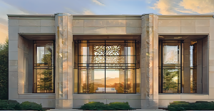 A modern building's facade made of intricately carved stone, with large glass windows, surrounded by greenery during sunset.