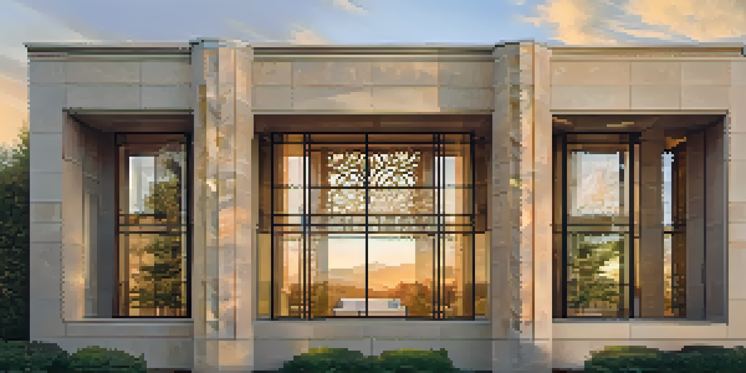 A modern building's facade made of intricately carved stone, with large glass windows, surrounded by greenery during sunset.
