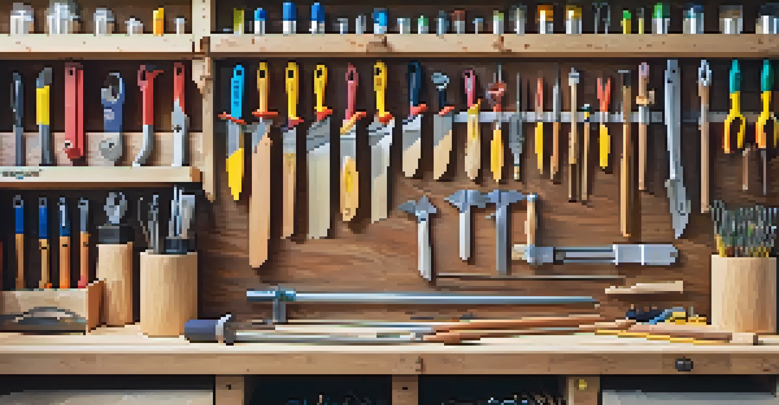 A wooden tool rack displaying various carving tools with colorful handles and protective sheaths in a clean workshop environment.