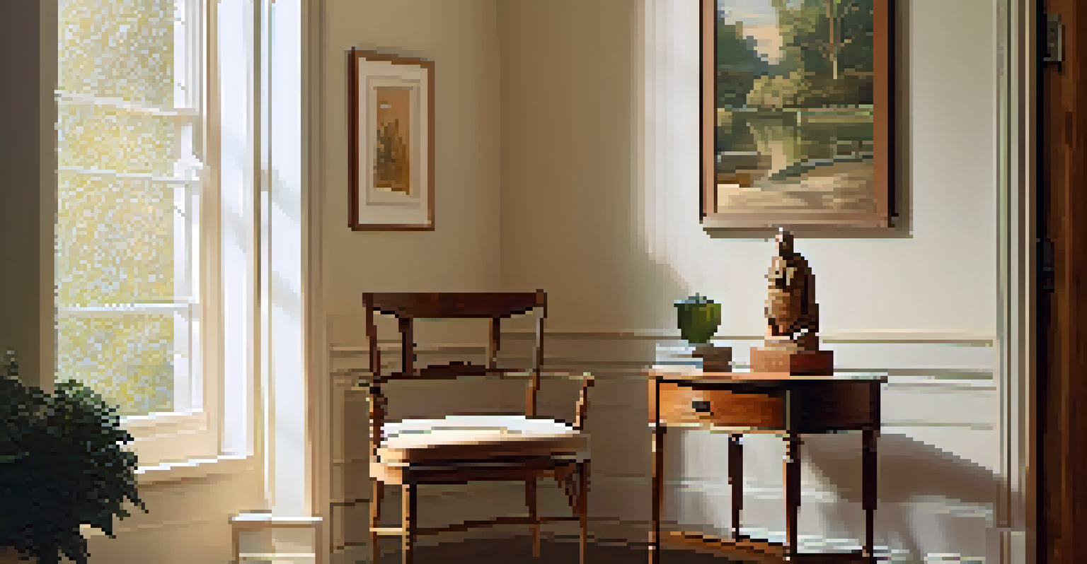 A tranquil corner of a home with a carved wooden chair and a decorative carved sculpture on a side table, softly illuminated by a lamp.
