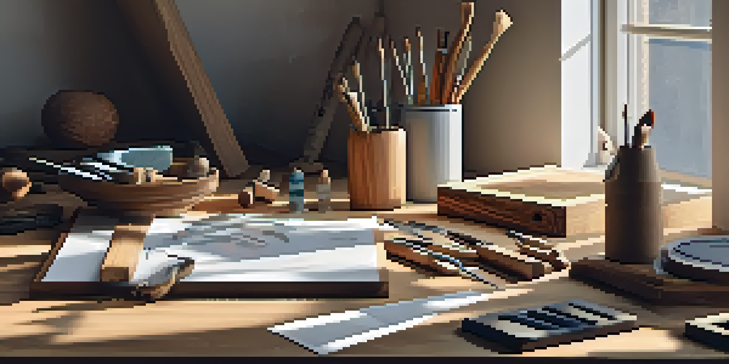 An artist's workspace with carving tools and a digital tablet, illuminated by natural light.