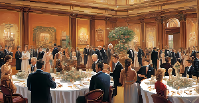 A charity auction showcasing hand-carved artwork with attendees dressed elegantly, warm lighting, and tasteful decorations.