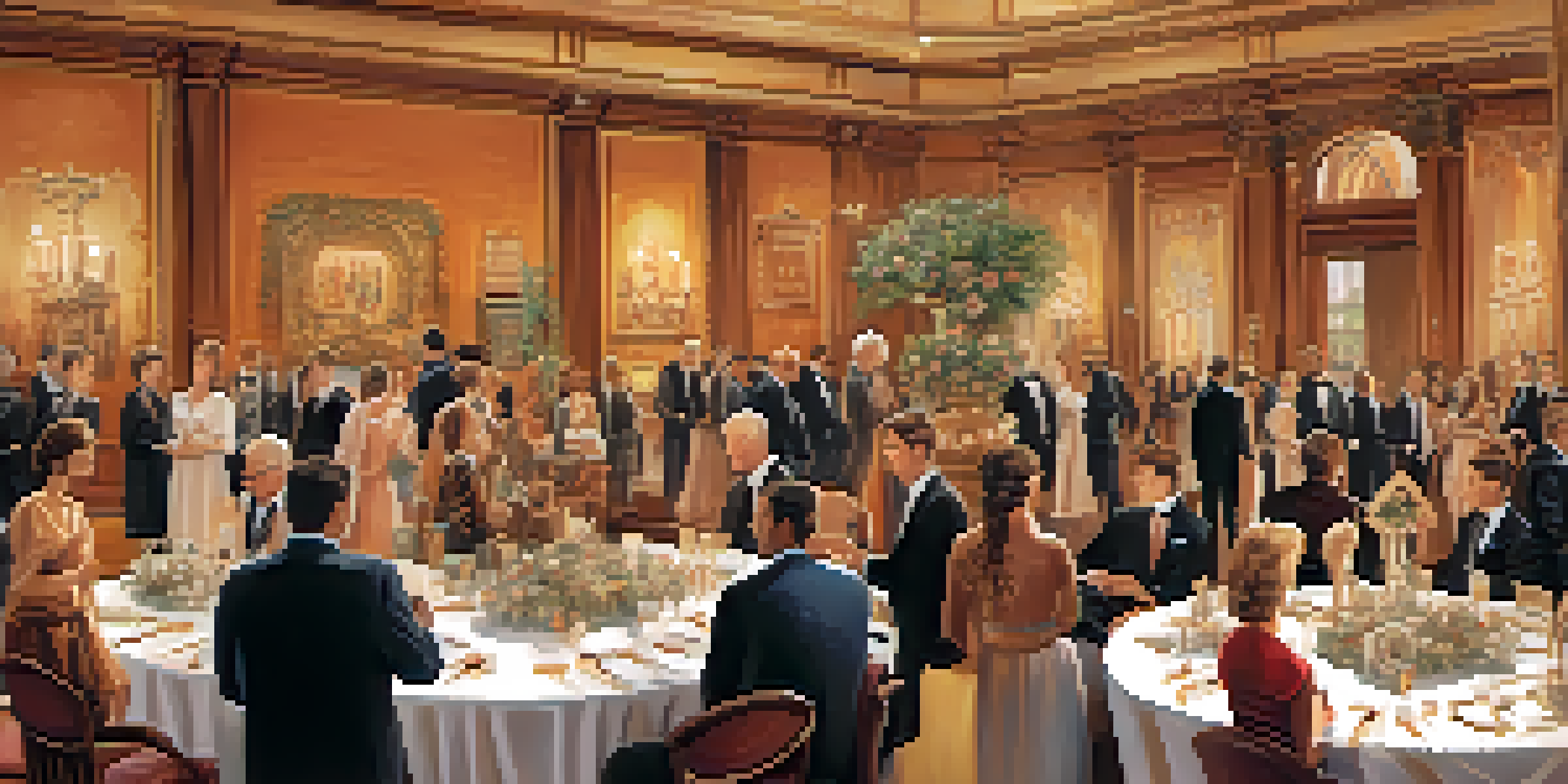 A charity auction showcasing hand-carved artwork with attendees dressed elegantly, warm lighting, and tasteful decorations.