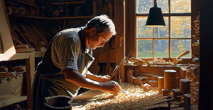 An artisan hand-carving a wooden sculpture in a sunlit workshop, with tools and wood shavings visible.