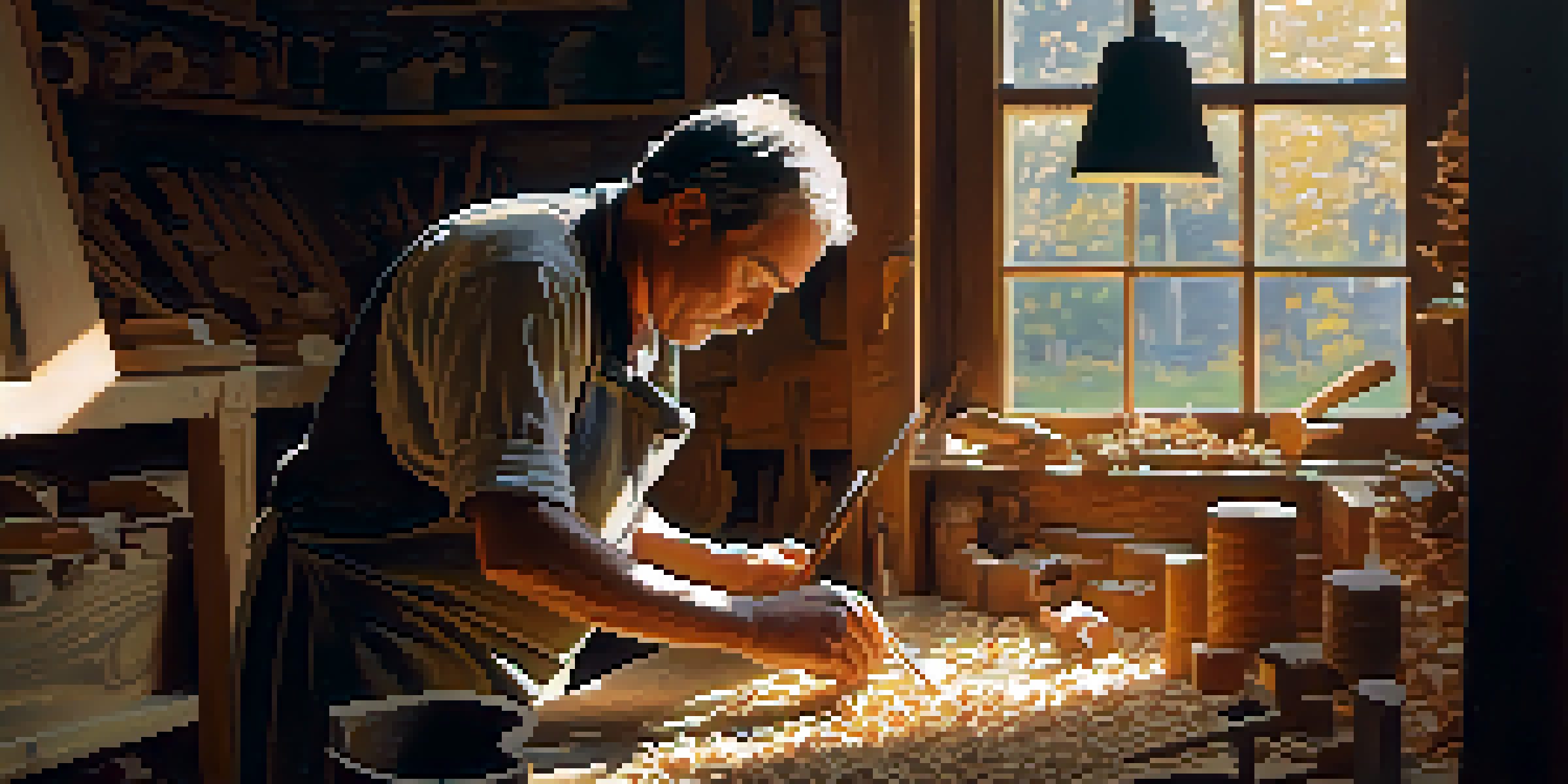 An artisan hand-carving a wooden sculpture in a sunlit workshop, with tools and wood shavings visible.