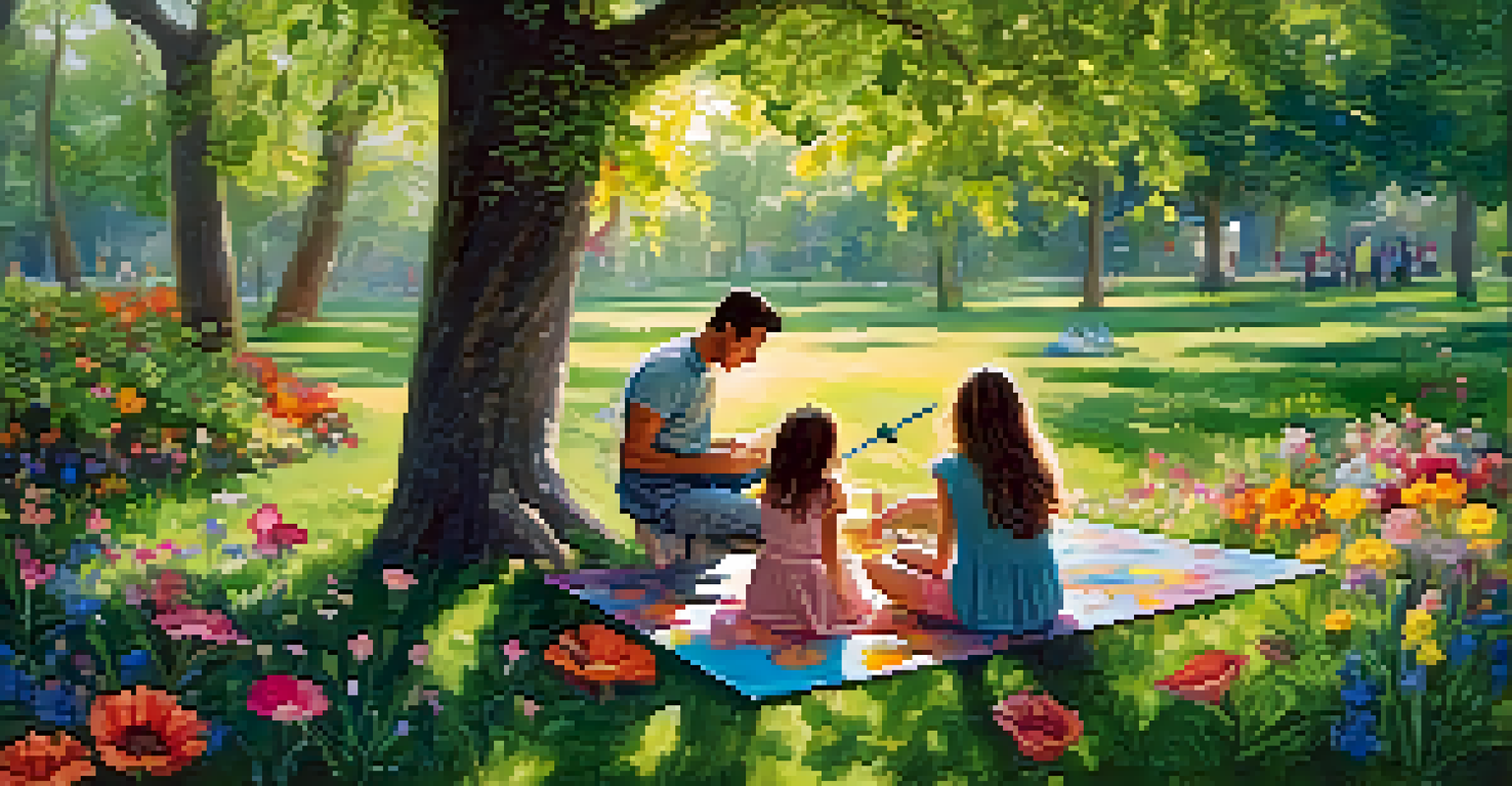 A family painting a mural together in a park, surrounded by greenery and flowers, with bright colors and sunlight filtering through the trees.